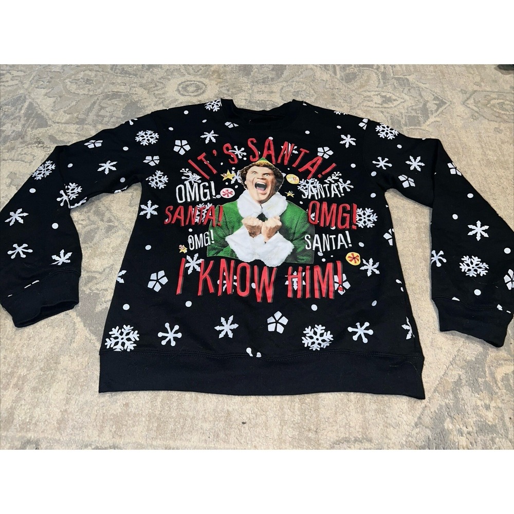 ELF OMG SANTA LIGHT UP LIGHTS CHRISTMAS SWEATSHIRT WOMENS SZ SMALL BLACK